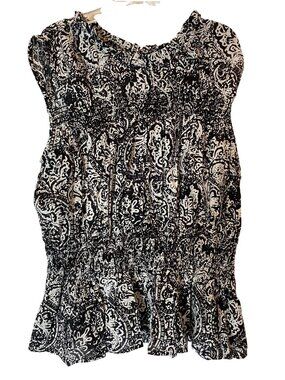 A.N.A Black & White Paisley Print Smocked Sleeveless Blouse XL 100% Cotton